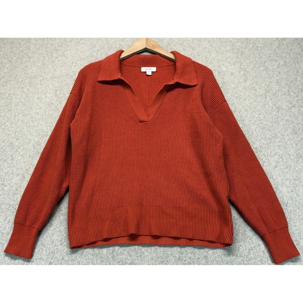 On.34Th Womens Polo Sweater Burnt Orange Long Sleeve Ribbed Knit Pullover M